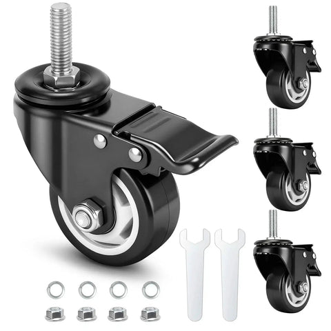 3 Inch Heavy Duty Caster Wheels Set Of 4 With Threaded Stem For Furniture And Workbenches Half Inch Diameter And 13 Threads Per Inch Locking Casters Non Marking PU Wheels Smooth Rolling Industrial Castors Each Up To 400 Pounds, showing black caster wheels with metal stem and locking mechanism, nuts, and wrenches included.
