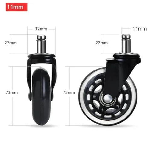 Front and side view of Heavy Duty 3 Inch Rubber Caster Wheels with 11mm stem, displaying dimensions and swivel design for furniture.