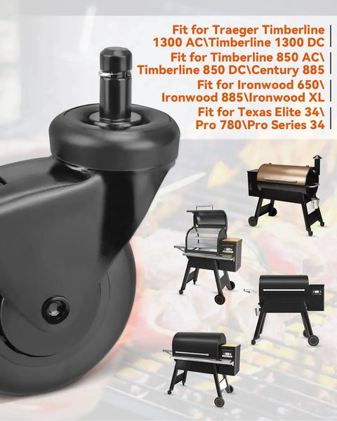 Close-up of 3-Inch Rubber Heavy-Duty Grill Wheel With Brake, 2-Piece Caster Wheel Replacement For Pellet Grills Including Timberline 1300 850 Ironwood 650 885 Ironwood XL Texas Elite 34 Pro 780 Pro Series 34 HDW30