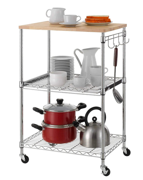 Heavy Duty 3 Tier Rolling Kitchen Cart Workhorse With Oak Wood Top And Drawer Slider Chrome Finish Four Wheels Hooks For Utensils 300 Lb