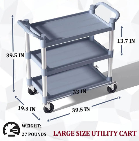 Heavy Duty 3 Tier Plastic Utility Cart With Wheels For Commercial Kitchen Office And Catering Thirty Nine And A Half Inch Long By Nineteen And A Quarter Inch Wide Rolling Service Cart With Lockable Wheels Six Hundred Pound Capacity Durable Transport Cart