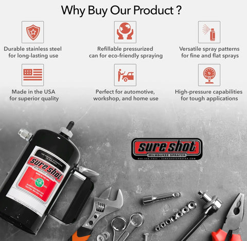 Heavy Duty Refillable 32oz Pressurized Sprayer For Oil Solvent Degreasers And Lubricants With Adjustable Nozzles A Durable Steel Canister Rechargeable Made In The USA Non Aerosol Design For Safe Use With Mist And Jet Options Great For Garage Use displayed with tools.