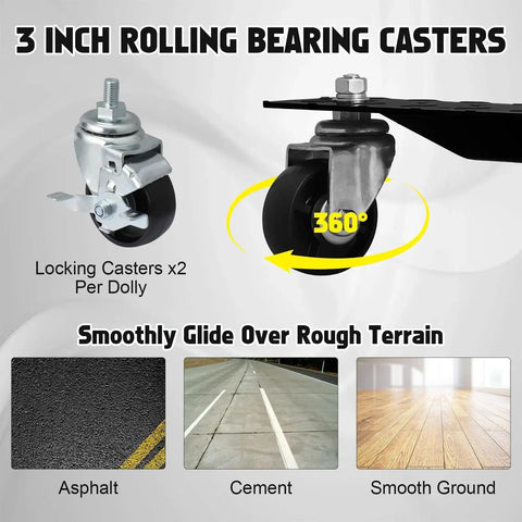 Close-up of Heavy Duty Black Car Dollies Set Of 4 For Moving Cars with 3 inch casters showing terrain options: asphalt, cement, smooth ground.