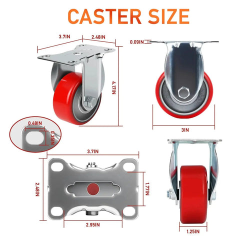 Heavy Duty 3 Inch Caster Wheels Set Of 4 With Polyurethane Steel Wheels Noiseless Swivel Casters For Trolleys Furniture And Toolboxes