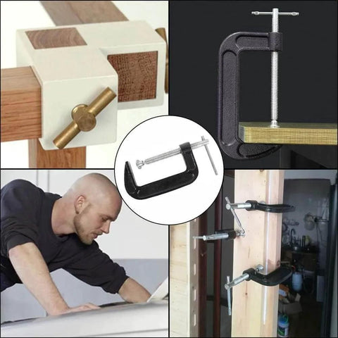 4 Inch Heavy Duty C Clamp securing wood and metal in various woodworking and welding setups, industrial steel design.