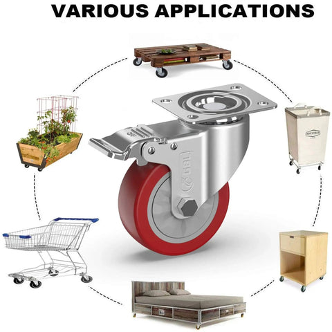 4 Inch Heavy Duty Caster Wheels With Brakes And Screws Set Of Four Silent Rubberized Castors Up To 1320 Lbs Capacity showing various applications