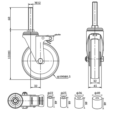 Technical diagram of 4 Inch Prep Table Caster Wheels Set Of 4, Heavy Duty Expanding Stem Casters For Stainless Steel Furniture Legs