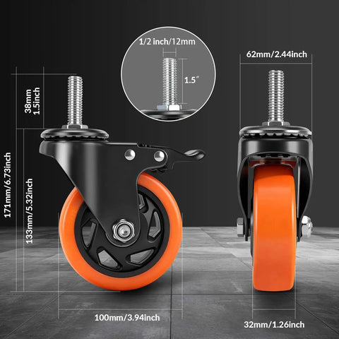 Heavy Duty 4 Inch Caster Wheels Set of 4 with Locking Swivel Casters for Furniture, Workbenches, and Carts, side and front view
