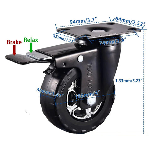 Heavy Duty 4 Inch Swivel Casters Set Of 4 With Brakes, 2200 Lb Capacity, Silent Swivel Wheel with Elastic Rubber Lock, Industrial Plate Castor