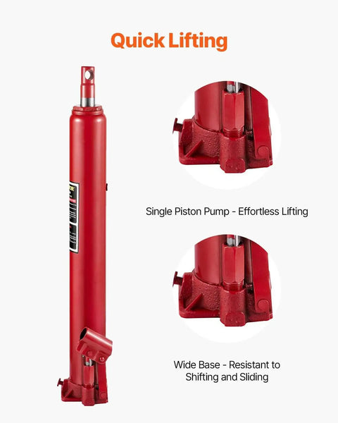 Heavy Duty 4 Ton Long Ram Hydraulic Jack With 8818 Lb Capacity For Engine Hoist And Garage Lifts, Red, front view, flat base, handle included.
