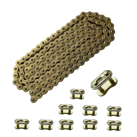 Heavy Duty 420 Motorcycle Chain Kit With 132 Link Standard Chain Breaker And 10 Master Links For 100cc 110cc 125cc Dirt Pit Bike ATV Quad Go Kart Mini Bike Scooter LKSM Gold For Off Road Use And Racing Ready, showing chain and master links