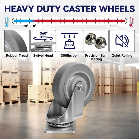 Heavy Duty 4 Inch Caster Wheels Set Of 4 For Cart And Workbench Non Marking Rubber Casters With 1200 Pounds Capacity Includes 2 Swivel