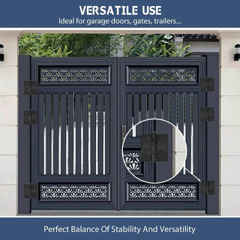 Close-up of 6 Pcs Weld On Hinges Heavy Duty 4" x 4", MOZCORN Weldable Butt Hinges on stylish gate, showing versatile use.