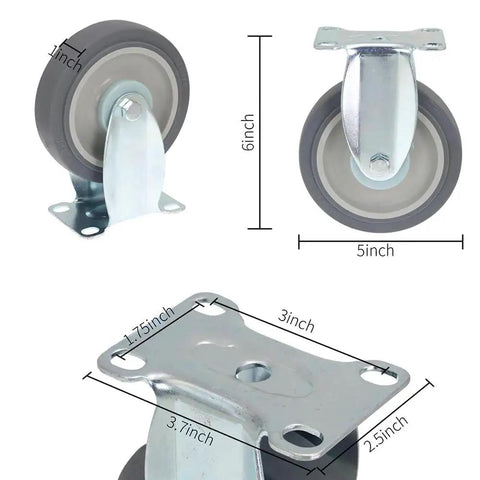 Heavy Duty 5 Inch Caster Wheels Set Of Four Non Marking Premium Commercial Grade With Two Rigid And Two Swivel Brakes, dimensions shown