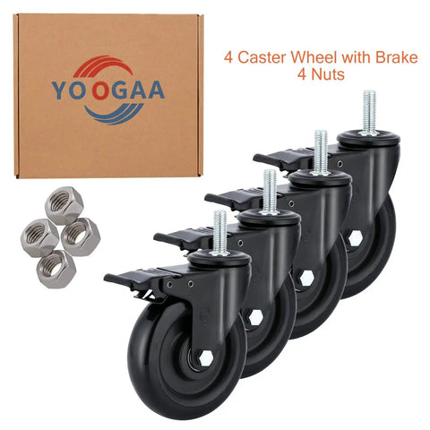 Five Inch Stem Caster Wheels With Dual Locking Brakes, 4-pack, threaded nuts included, shown with packaging