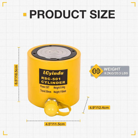 Heavy Duty 50 Ton Hydraulic Cylinder Jack Ram With A 2 Inch Stroke For Lifting Heavy Equipment And Vehicles RSC 501 shown with dimensions