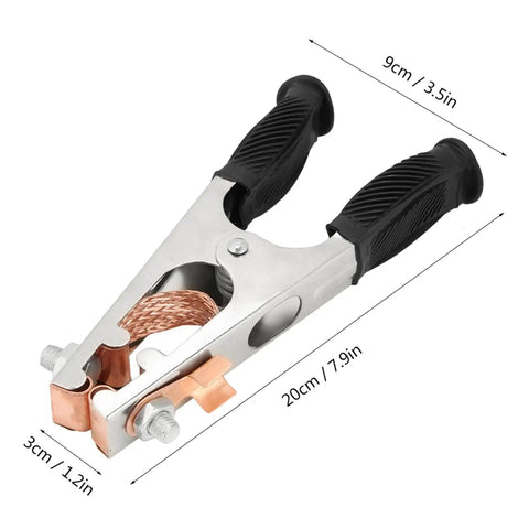 Heavy-Duty 500A Copper Welding Ground Clamp, Electroplated US Type Earth Clip with durable spring and non-slip grip, dimensions shown.