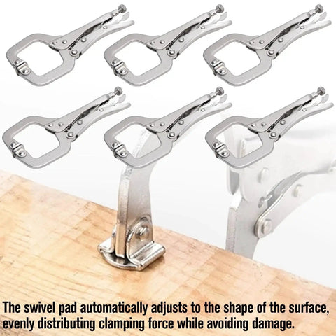 Heavy Duty 6 Inch C Clamp Locking Pliers Set Of 6 With Adjustable Swivel Pads For Woodworking Welding DIY Projects on wood surface
