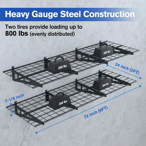 2-Pack 6ft Garage Wall Shelving System With 72-Inch By 24-Inch Heavy Duty Metal Wall Mounted Shelves 800 Lbs Total Load Capacity