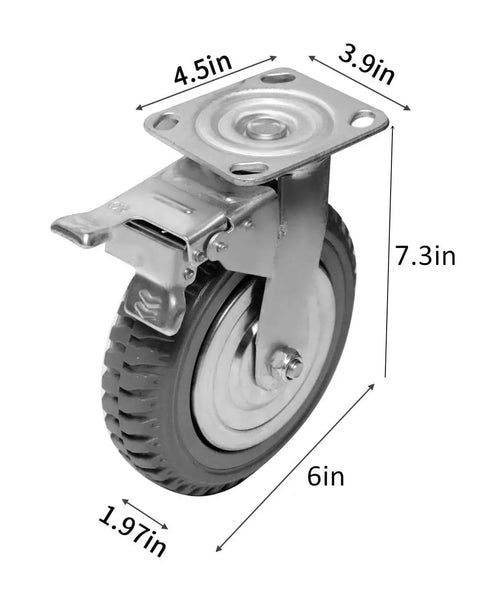 6 Inch Heavy Duty Plate Casters Set Of 4 With 360 Degree Swivel And Ball Bearing For Quiet Operation 200 Kg Per Wheel 600 Kg Total Load Rust Proof PU Wheel And Iron Bracket 2 With Brake Lock And 2 Without, side view of single caster with dimensions