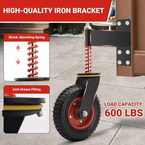 Heavy Duty Gate Wheel With 8 Inch Wheel 600 Lbs Capacity Shock Absorbing Spring Swivel Gate Wheels For Metal Tube And Wooden Gates Dual Mount Straight Or U Bolt Options Ideal For Driveways Farms Barns And Large Garden Gates showing close-up of shock-absorbing spring and installation on gate.