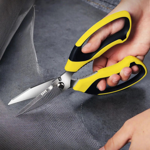 Heavy Duty 8 Inch Utility Scissors With Serrated Blades cutting mesh, yellow and black ergonomic handle, multipurpose shears
