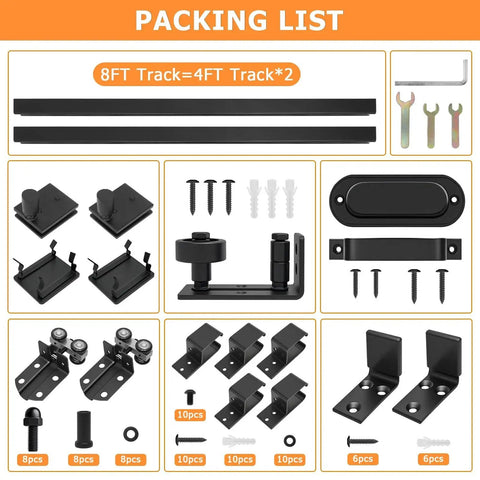 8Ft Box Rail Exterior Barn Door Hardware Kit with heavy-duty black components, 2-track system, tools, and screws visible