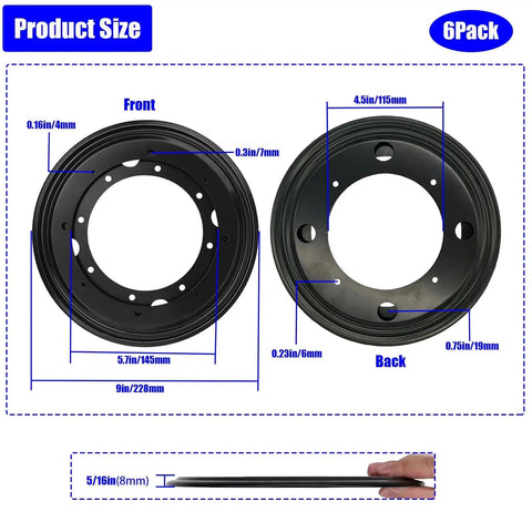 Dimensions of Six Pack 9 Inch Lazy Susan Bearings Heavy Duty Turntable Bearing Swivel Plate Five Sixteenths Inch Thick, front and back view.