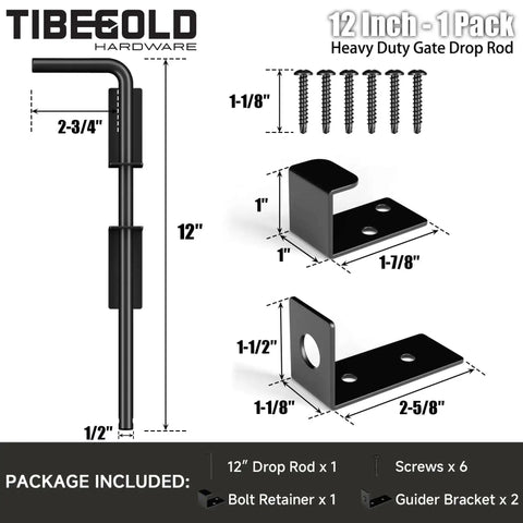 12 Inch Heavy Duty Cane Bolt Gate Drop Rod For Wood, PVC, Vinyl, And Metal Fences And Gates, black wrought iron look hardware kit.