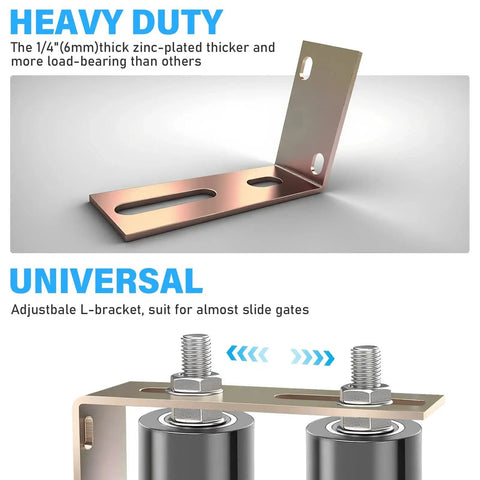 Universal Adjustable UHMW Nylon Gate Roller Guider For Sliding Doors And Gates shown with L-bracket and roller components