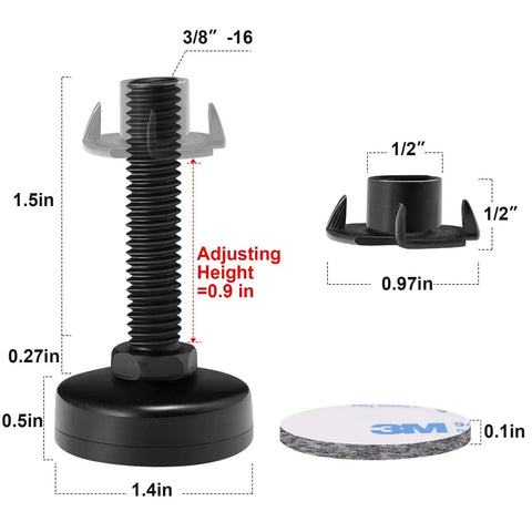 Diagram of Beefy And Adjustable Furniture Levelers Three Eighths Inch UNC Thread Feet showing measurements and steel T-nuts.