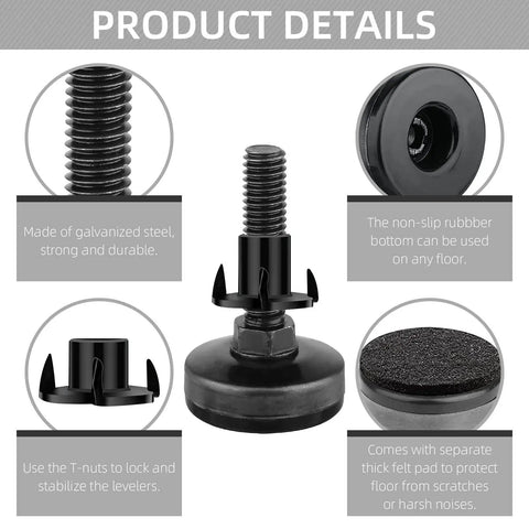 Heavy Duty Leg Levelers Set Of 12 3/8-16 Thread Adjustable Feet For Tables Chairs Cabinets And Sofas With Screw On Inserts Large Base Black Galvanized Steel Support Up To 3960 Lbs With Felt Pad details
