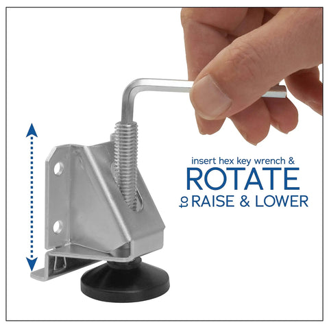 Close-up view of Heavy Duty Adjustable Leveling Feet For Desks Tables Cabinets And Shelving Units, Fulton 4 Pack Side Mount Levelers with hex key.