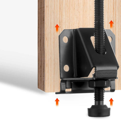 Close-up of Beefy Heavy Duty 4 Pack Adjustable Leveling Feet installed on wood surface, showing mounting bracket and screw.