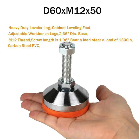 Heavy Duty Adjustable Leveling Feet Set for Workbenches Machines and Cabinets, 4 Pack, 2.36 Inch Base Diameter, M12 Thread, 1300 Pound Capacity, Chrome Plated Carbon Steel With Anti Skid Pads, For Rock Solid Stability And Easy Height Fine Tune, MROUDELUO.