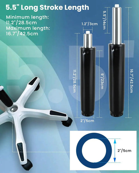 Heavy Duty Adjustable Office Chair Hydraulic Cylinder Replacement Supports Up To 1000 Pounds, detailed view with dimensions