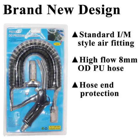 Heavy Duty Air Blow Gun Kit With Sixteen Foot PU Hose For Air Compressor Quick Connect One Quarter Inch High Volume Pro Grade Duster With One Hundred Twenty Millimeter Steel Nozzle Durable PU Line Great For Fast Debris Blowing In The Workshop