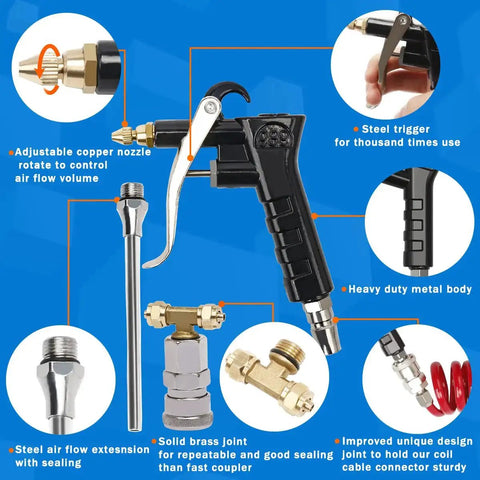 Heavy duty truck air duster blow gun kit with a 9 meter coil, showing components and adjustable copper nozzle for cleaning.