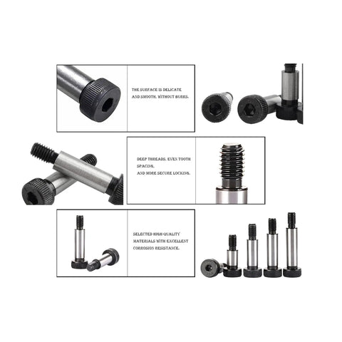 Beefy Heavy Duty Alloy Steel Shoulder Bolts Five Sixteenths By One And One Half Inch Hex Socket With One Quarter Twenty Threads Black Oxidized Finish Pack Of Ten By SCXCLY in various angles showing close-up of threads and smooth surface.