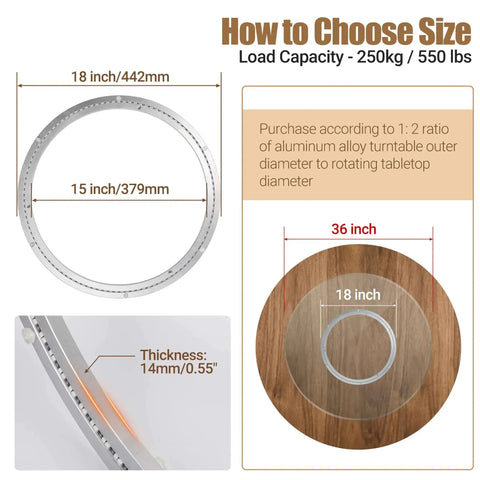 Diagram of Heavy Duty Aluminium Lazy Susan Bearing 18 Inch Rotating Turntable with size and capacity details.