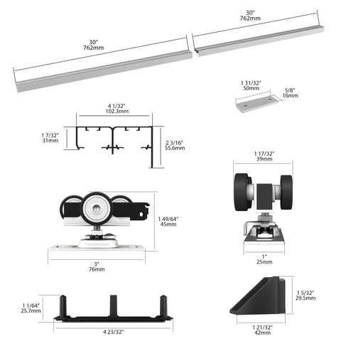 Heavy Duty Bypass Door Hardware 60 Inch Aluminum Sliding Closet Track Kit For Cabinet And Pocket Doors Concealed Sliding Rail Set With Three Wheel Hangers Smooth Quiet Operation High Load Capacity Easily Cut To Fit parts diagram with dimensions