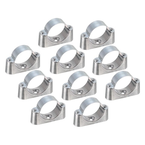 Pipe clamps, 10-pack metal brackets for 50mm OD pipes; wall or ceiling mount, silver finish.