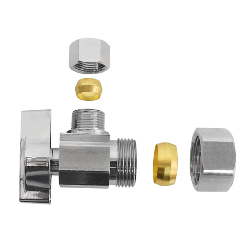 Shutoff valve, angle, 1/2 in NOM compression inlet x 3/8 in OD compression outlet, chrome-plated brass, 5-pack