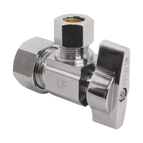 Chrome-plated brass 1/4-turn angle shut-off valve with square body; 1/2 in NOM inlet, 3/8 in compression outlet.