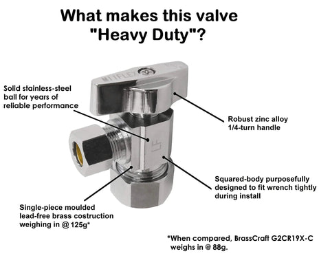 Chrome-plated brass angle shut-off valve, 1/2 in NOM compression inlet to 3/8 in OD outlet, 1/4-turn square body