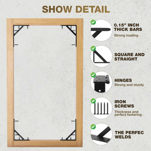 Heavy Duty Anti Sag Gate Kit With 90 Degree Bracket And Hinges For Wooden Fences, showing detailed components and measurements.