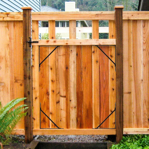 Anti Sag Gate Kit Heavy Duty No Sag Kit for Wooden Gate Fence with Gate Latch shown installed on a wooden fence gate
