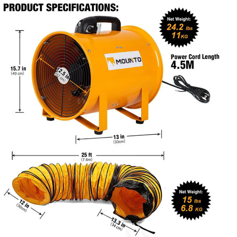 Heavy Duty 12 Inch Cylinder Axial Fan With 25 Foot Vinyl Hose Delivers 2900 CFM Directional Airflow For Crawl Spaces Attics Basements Portable Blower Exhaust Fan Built Tough For Quick Ventilation MOUNTO, showing orange steel fan and hose with specifications.