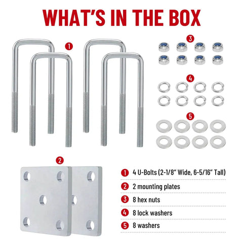Heavy-duty 1/2 inch U bolts, 6 5/16 inch long, designed for 2x3 boat trailer axles and leaf springs; zinc-coated for corrosion resistance, with mounting components visible.