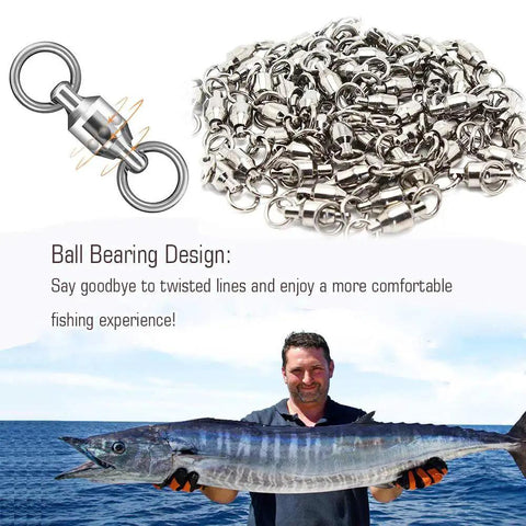 Heavy Duty Ball Bearing Swivel Connector Set For Saltwater And Freshwater Fishing 25 Pieces shown with fisherman holding fish